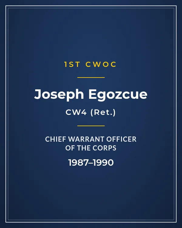 Nameplate card: CW4 Joseph Egozcue, 1st Chief Warrant Officer of the Corps, 1987–1990