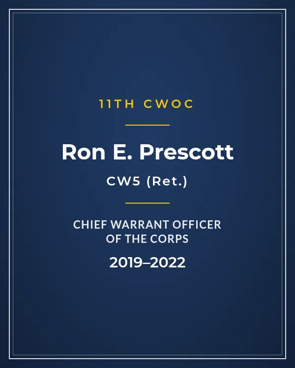 Nameplate card: CW5 Ron E. Prescott, 11th Chief Warrant Officer of the Corps, 2019–2022