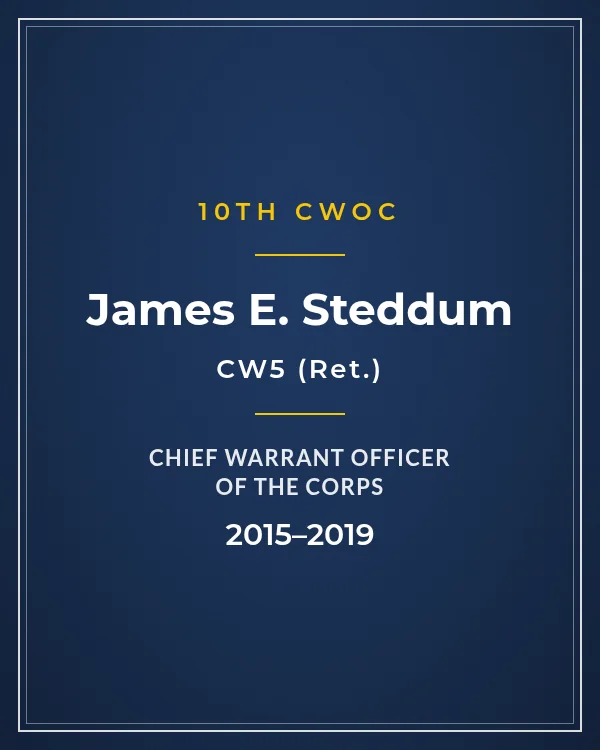 Nameplate card: CW5 James E. "Jim" Steddum, 10th Chief Warrant Officer of the Corps, 2015–2019